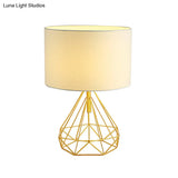 Diamond Cage Bedside Table Lamp - Metallic Finish Minimalist Design And Drum Fabric Shade