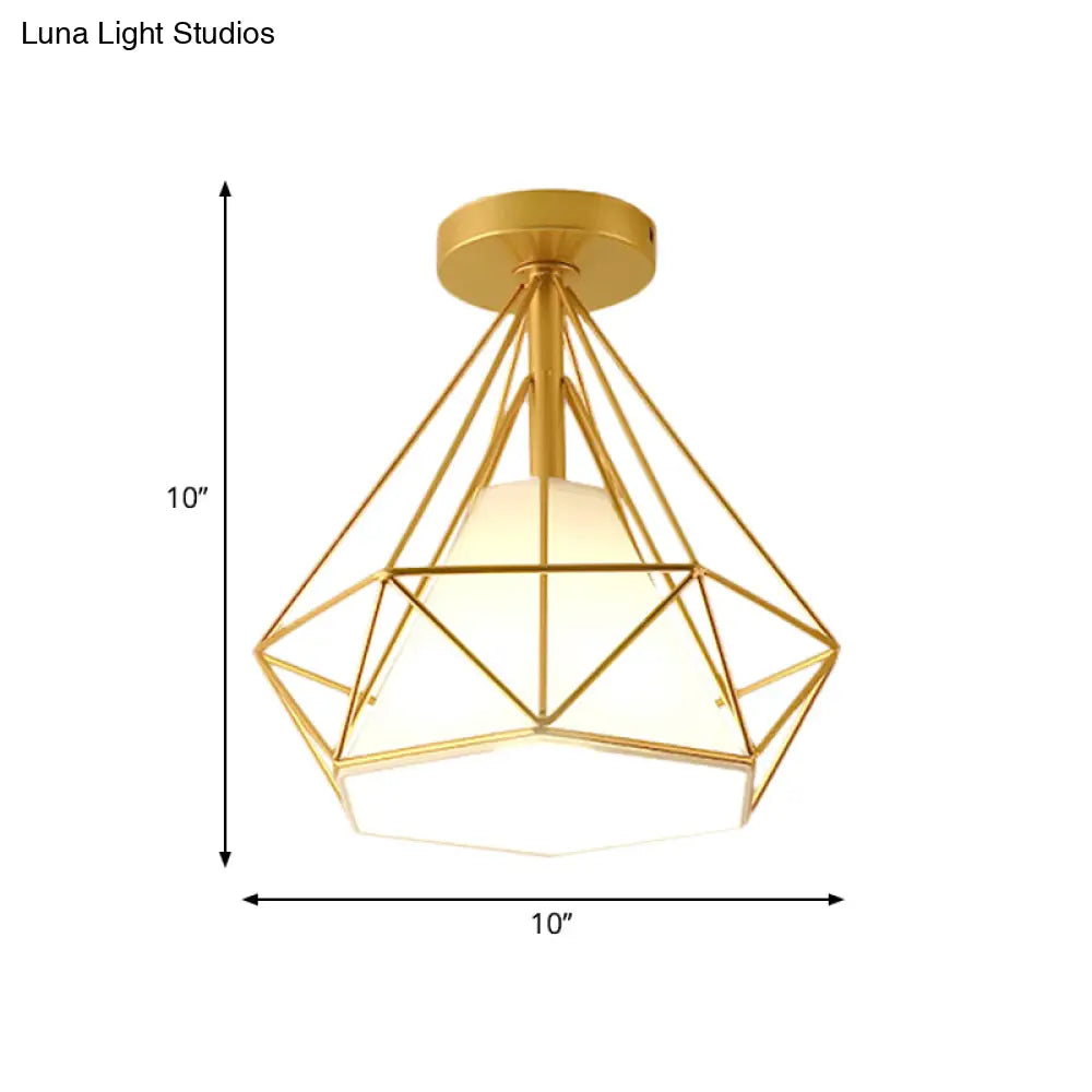 Diamond - Cage Industrial Bedroom Pendant Light - Vintage Gold Semi Flush Mount Ceiling Fixture