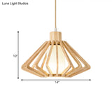 Diamond Cage Pendant Light Asian Wood 1 Head 14/18 Wide Beige Ceiling Lamp With Inner Pillar Shade