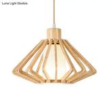 Diamond Cage Pendant Light Asian Wood 1 Head 14/18 Wide Beige Ceiling Lamp With Inner Pillar Shade