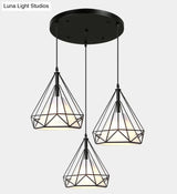 Diamond Cage Pendant With 3 Lights - Industrial Iron Ceiling For Bar Using Hanging Cord