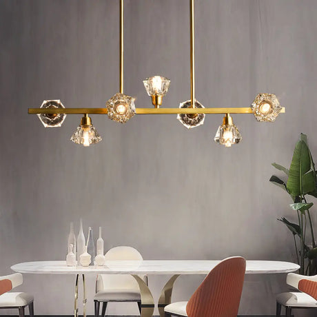 Diamond Crystal Brass Pendant With 7 Lights - Linear Restaurant Island Lamp
