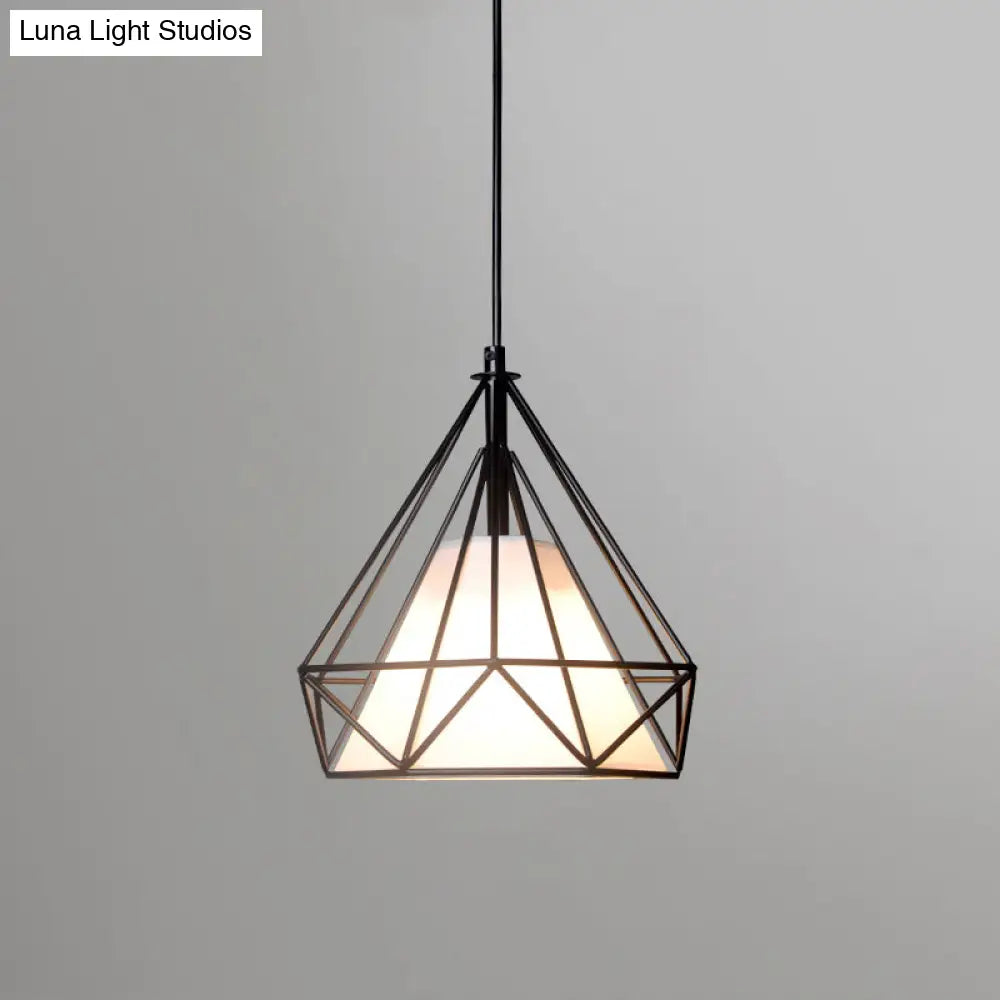 Diamond Loft Ceiling Hang Lamp - 1 Head Iron Pendant Lighting In Black/White/Green With Cone Fabric