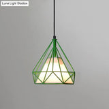 Diamond Loft Ceiling Hang Lamp - 1 Head Iron Pendant Lighting In Black/White/Green With Cone Fabric