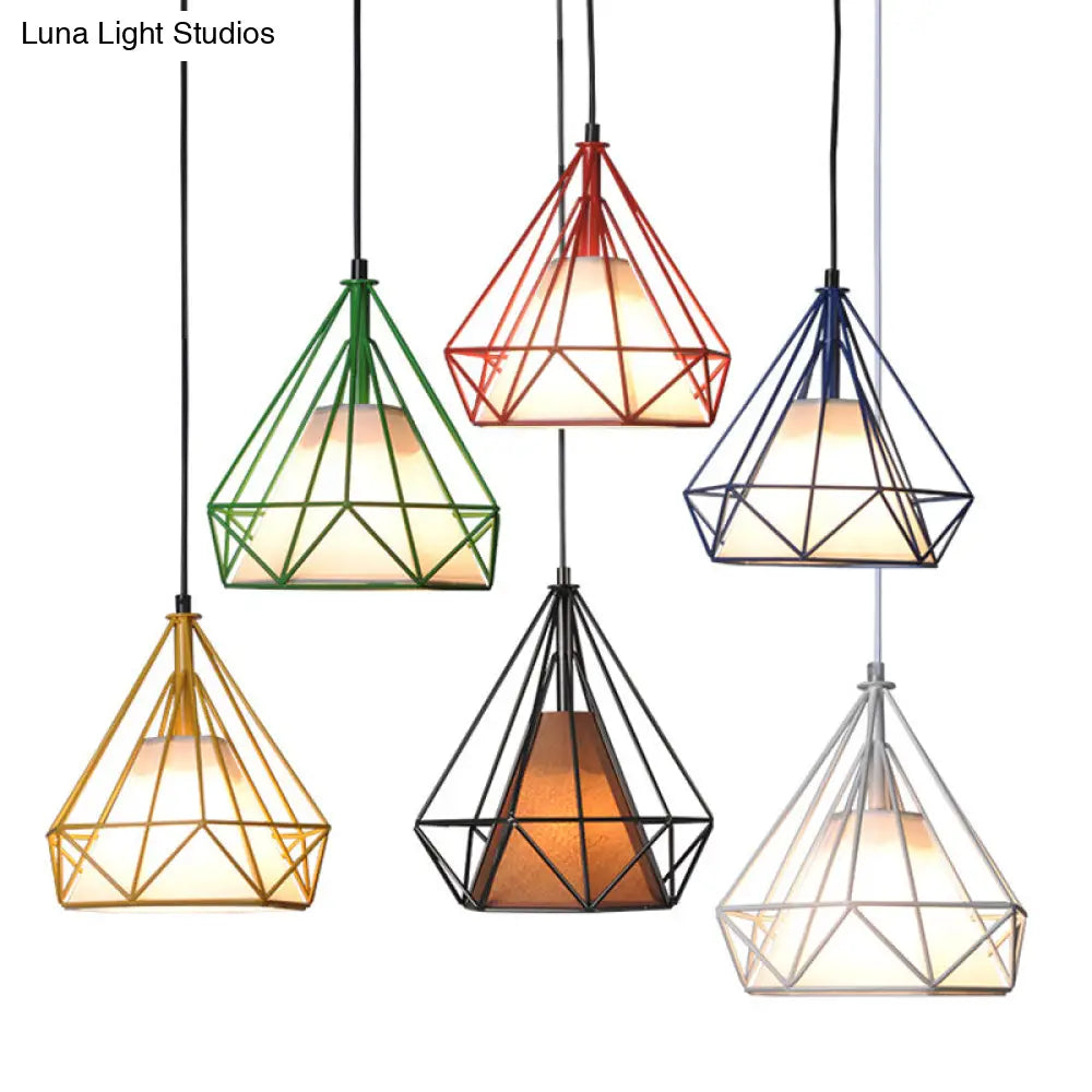Diamond Loft Ceiling Hang Lamp - 1 Head Iron Pendant Lighting In Black/White/Green With Cone Fabric
