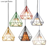 Diamond Loft Ceiling Hang Lamp - 1 Head Iron Pendant Lighting In Black/White/Green With Cone Fabric