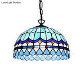 Dining Table Hanging Lights - Floral Shade Pendant Ceiling Lamp In Blue With Tiffany Style Art Glass