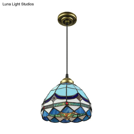Dining Table Hanging Lights - Floral Shade Pendant Ceiling Lamp In Blue With Tiffany Style Art Glass