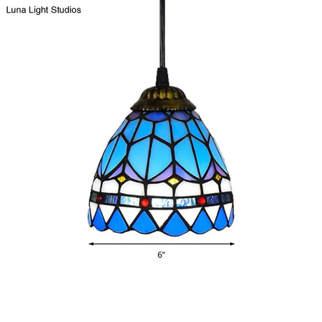 Dining Table Hanging Lights - Floral Shade Pendant Ceiling Lamp In Blue With Tiffany Style Art Glass
