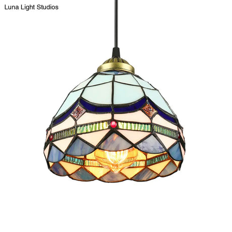 Dining Table Hanging Lights - Floral Shade Pendant Ceiling Lamp In Blue With Tiffany Style Art Glass