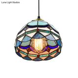 Dining Table Hanging Lights - Floral Shade Pendant Ceiling Lamp In Blue With Tiffany Style Art Glass