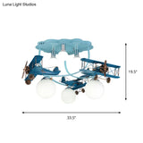 Distressed Blue Wood Plane Ceiling Light With Milk Glass Shade - 6 Bulb Flushmount