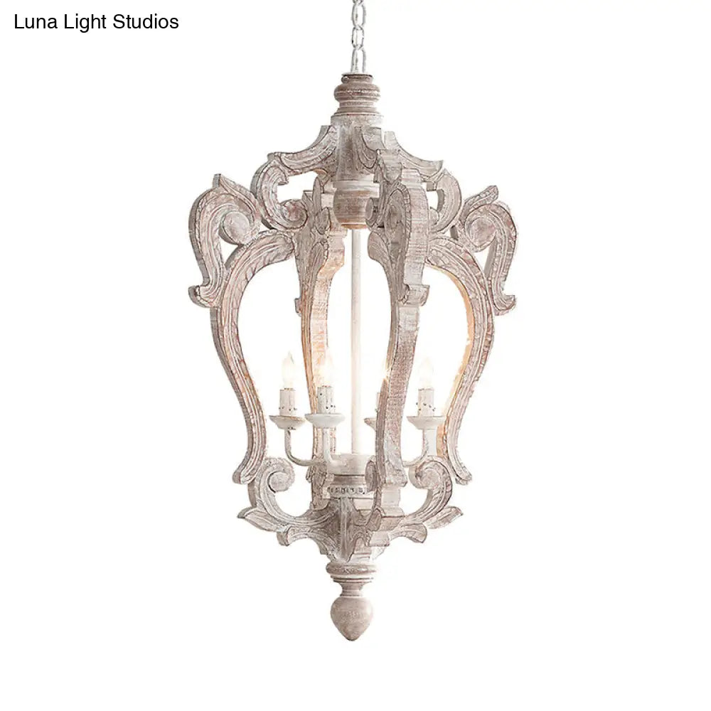 Distressed White Wood Hanging Chandelier For Classic Living Rooms - Caged Suspension Pendant Light