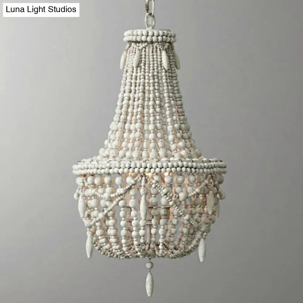 Distressed White Wood Hanging Chandelier For Classic Living Rooms - Caged Suspension Pendant Light