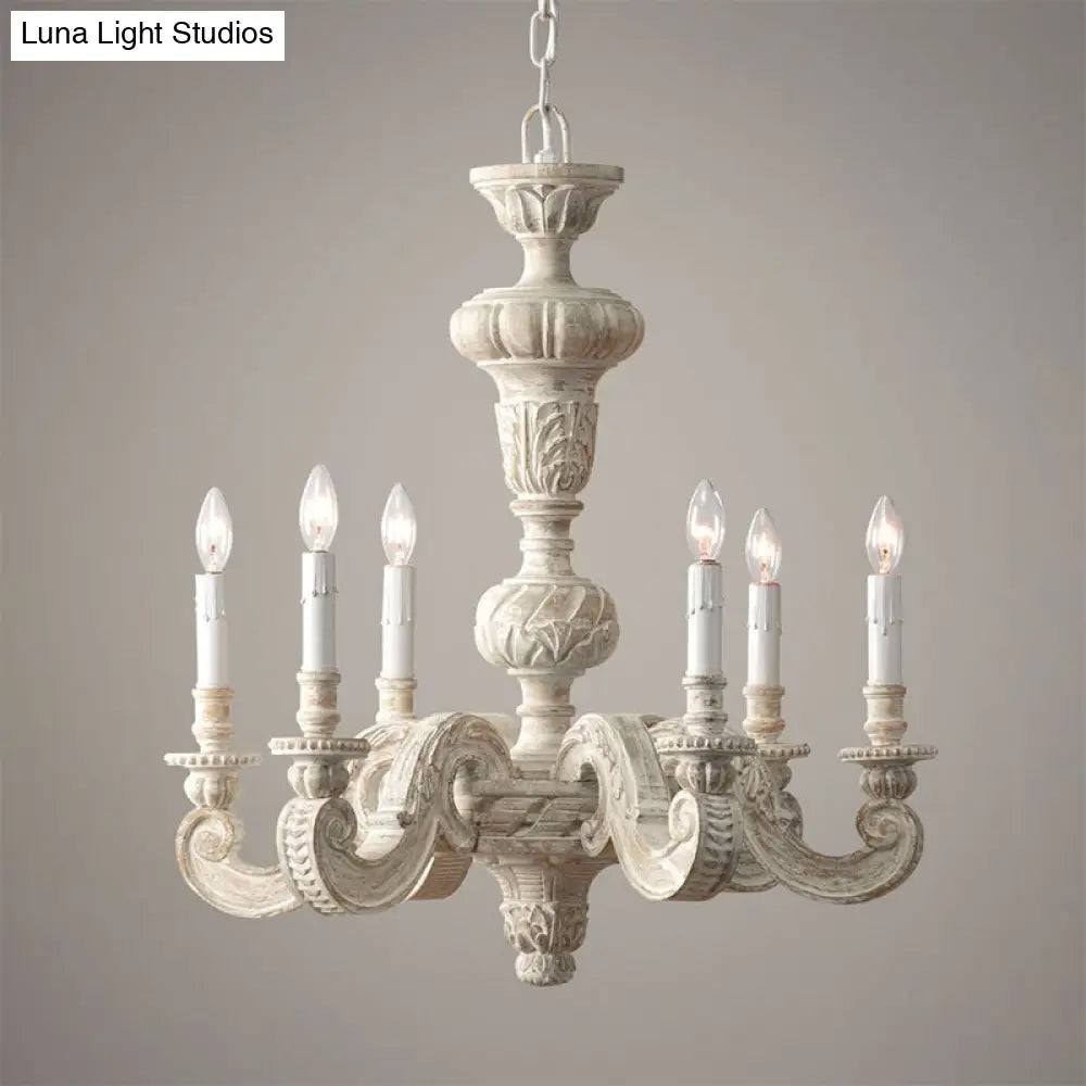 Distressed White Wood Hanging Chandelier For Classic Living Rooms - Caged Suspension Pendant Light