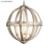 Distressed White Wood Hanging Chandelier For Classic Living Rooms - Caged Suspension Pendant Light
