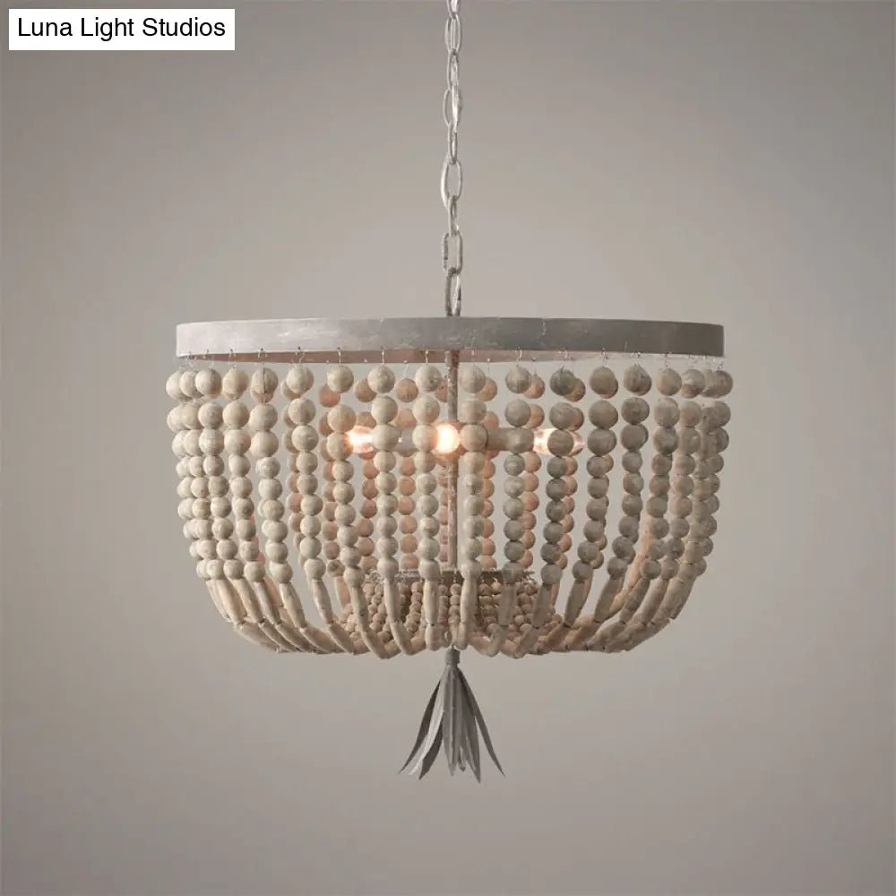 Distressed White Wood Hanging Chandelier For Classic Living Rooms - Caged Suspension Pendant Light
