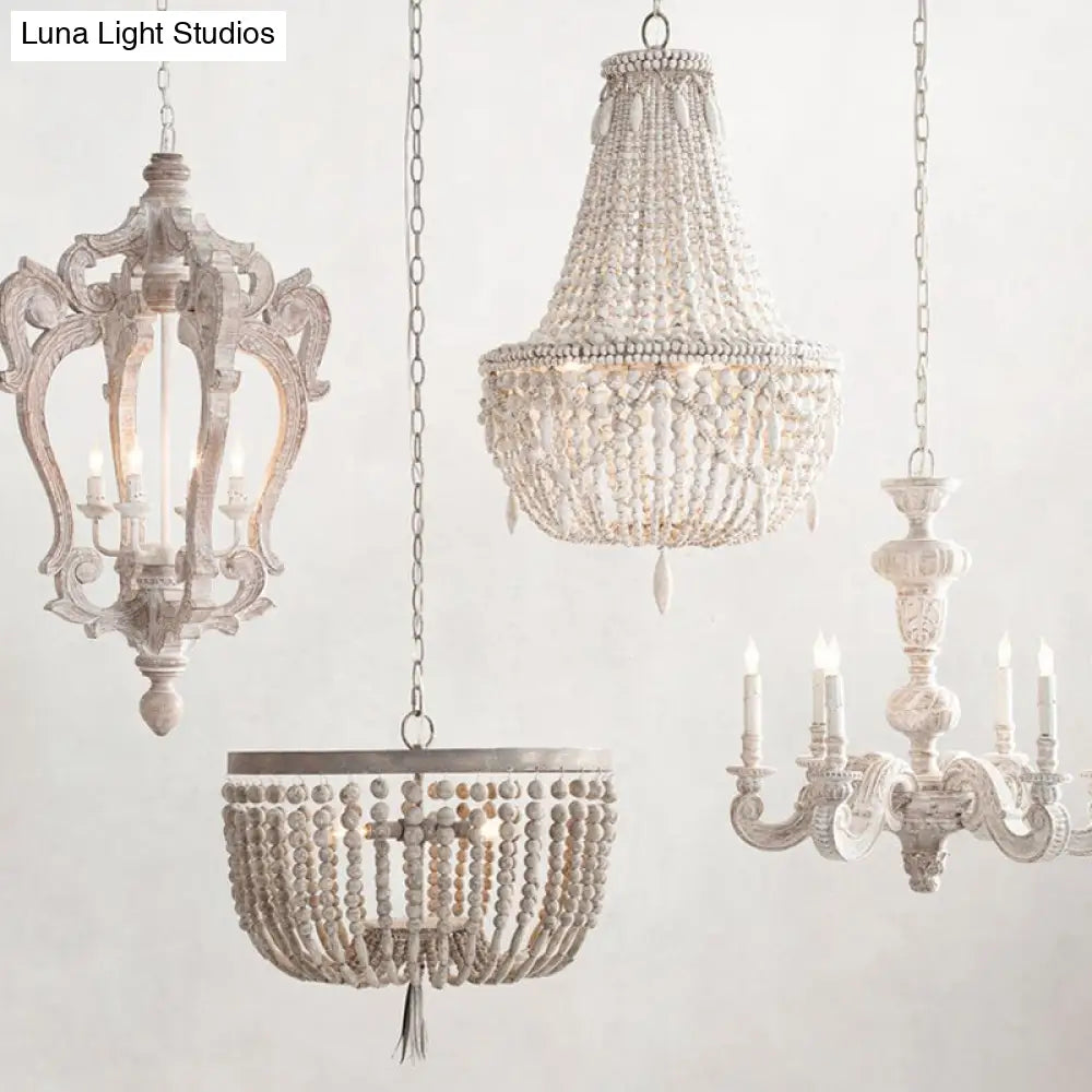 Distressed White Wood Hanging Chandelier For Classic Living Rooms - Caged Suspension Pendant Light
