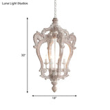 Distressed White Wood Hanging Chandelier For Classic Living Rooms - Caged Suspension Pendant Light