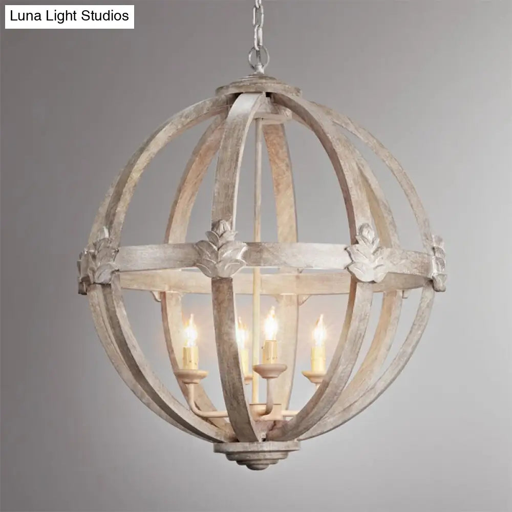 Distressed White Wood Hanging Chandelier For Classic Living Rooms - Caged Suspension Pendant Light