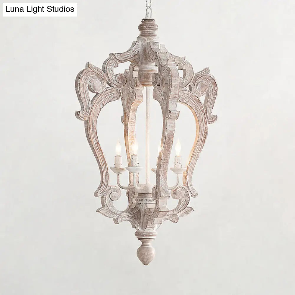 Distressed White Wood Hanging Chandelier For Classic Living Rooms - Caged Suspension Pendant Light