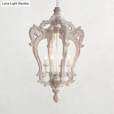 Distressed White Wood Hanging Chandelier For Classic Living Rooms - Caged Suspension Pendant Light