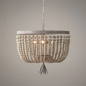 Distressed White Wood Hanging Chandelier For Classic Living Rooms - Caged Suspension Pendant Light /