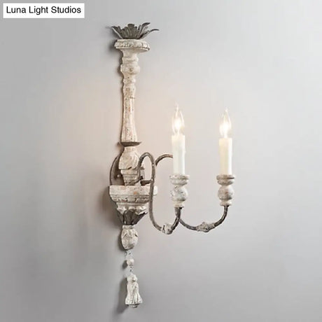 Distressed White Wood Wall Mount Light With Curved Arm - 2 Bulbs Traditional Style For Living Room