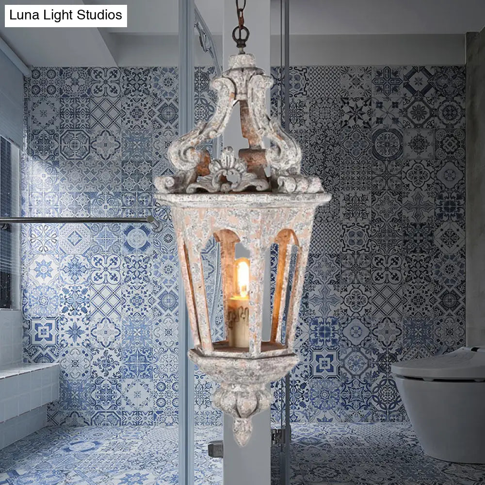 Distressed White Wooden Lantern Ceiling Light - Vintage Pendant Kit For Dining Room