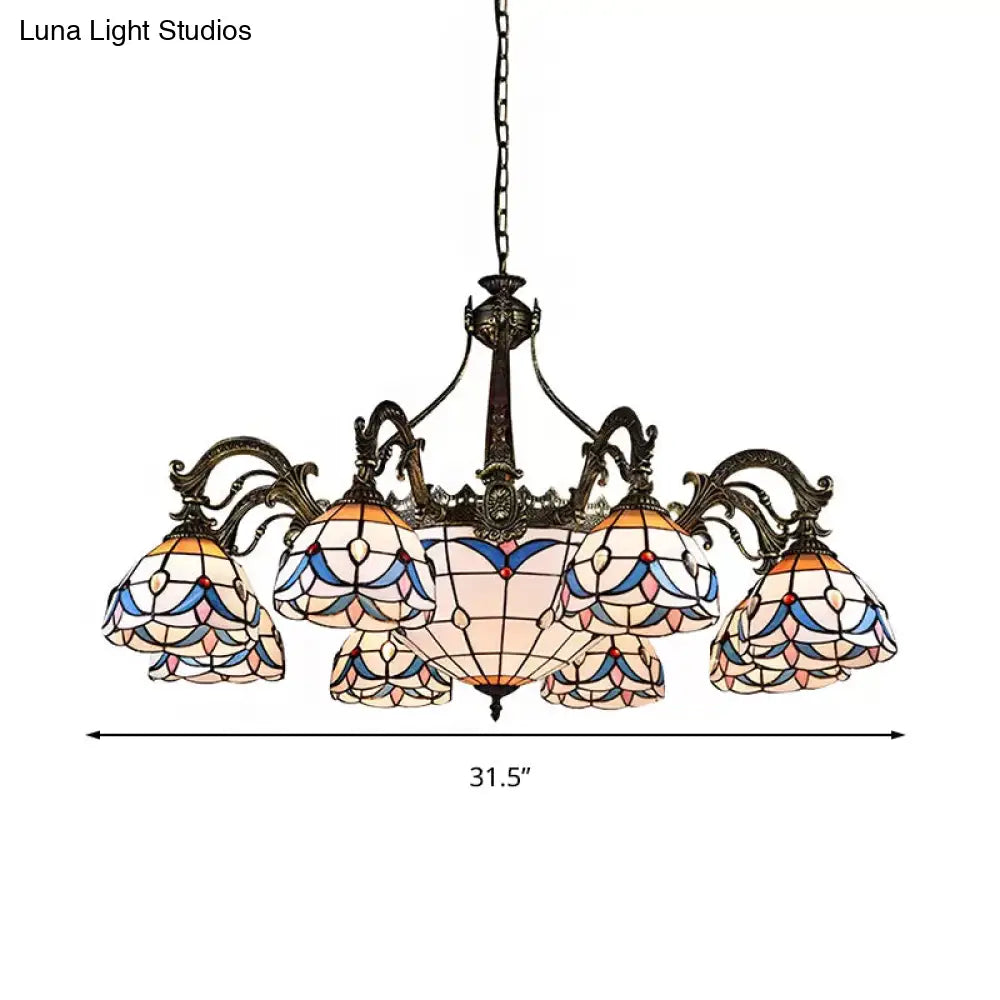 Dome Chandelier With Stained Glass Tiffany Pendant Lighting - Multi Light Metal Chain