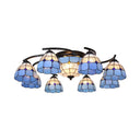 Dome/Conical Semi Flush Mount Mediterranean Ceiling Lamp - 11 Lights White/Blue Glass Ideal For