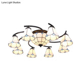Dome/Conical Semi Flush Mount Mediterranean Ceiling Lamp - 11 Lights White/Blue Glass Ideal For