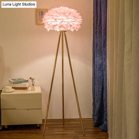 Dome Feather Floor Lamp - Minimalist Single Grey/White/Pink Light With Tripod For Bedroom