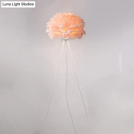 Dome Feather Floor Lamp - Minimalist Single Grey/White/Pink Light With Tripod For Bedroom