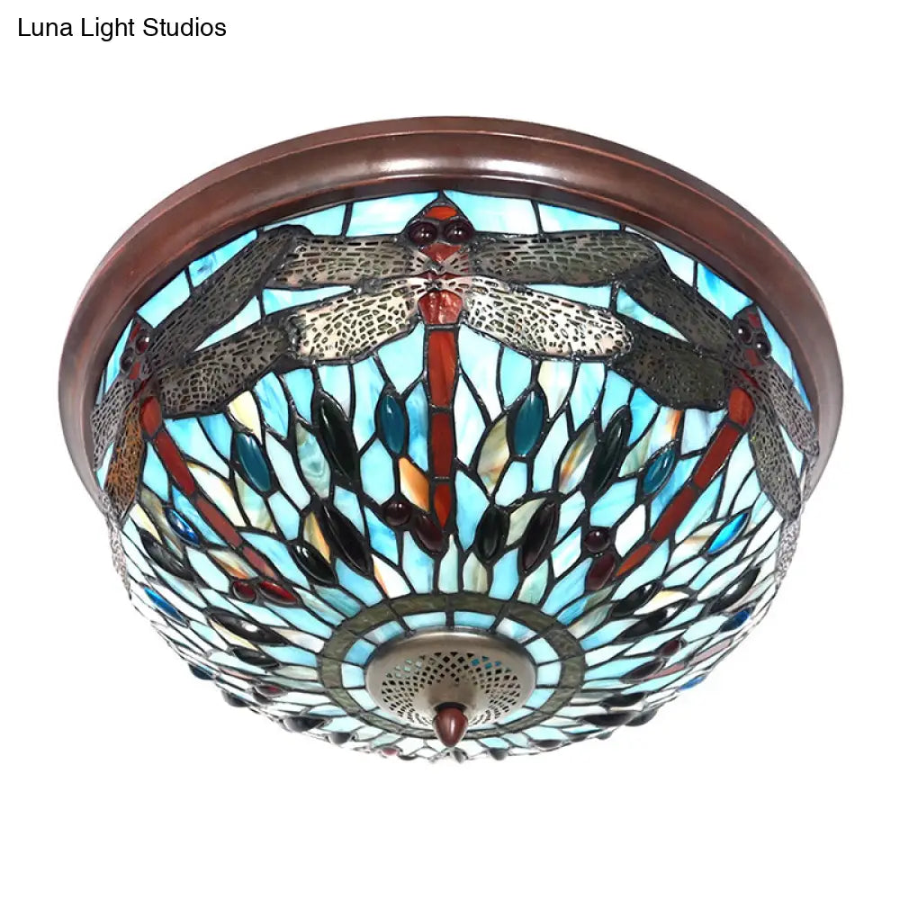 Dome Flush Mount Light: Blue/Red Tiffany Stained Glass Led Ceiling Lamp With Dragonfly Pattern