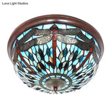 Dome Flush Mount Light: Blue/Red Tiffany Stained Glass Led Ceiling Lamp With Dragonfly Pattern
