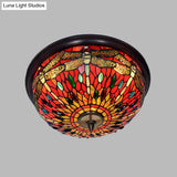 Dome Flush Mount Light: Blue/Red Tiffany Stained Glass Led Ceiling Lamp With Dragonfly Pattern