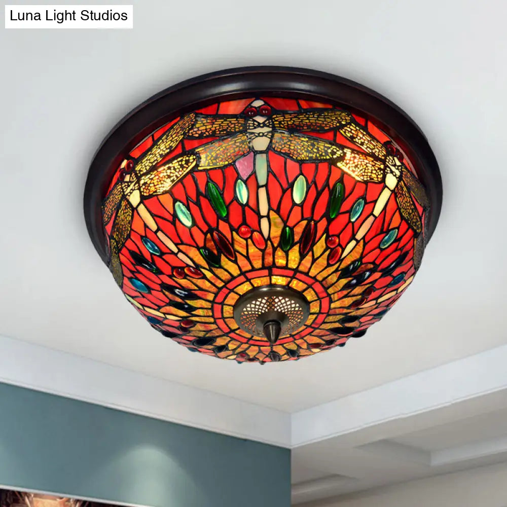Dome Flush Mount Light: Blue/Red Tiffany Stained Glass Led Ceiling Lamp With Dragonfly Pattern