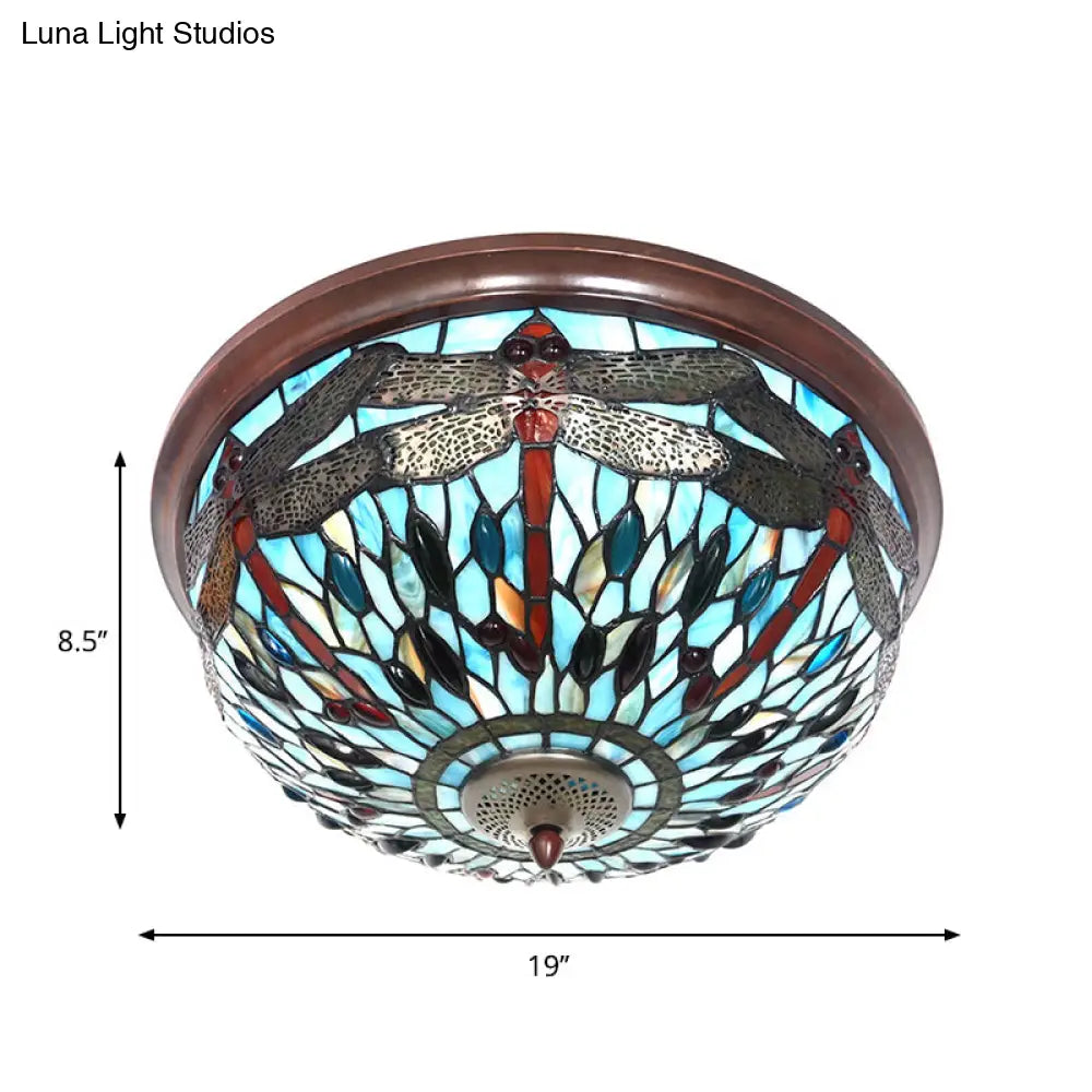 Dome Flush Mount Light: Blue/Red Tiffany Stained Glass Led Ceiling Lamp With Dragonfly Pattern