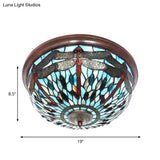 Dome Flush Mount Light: Blue/Red Tiffany Stained Glass Led Ceiling Lamp With Dragonfly Pattern