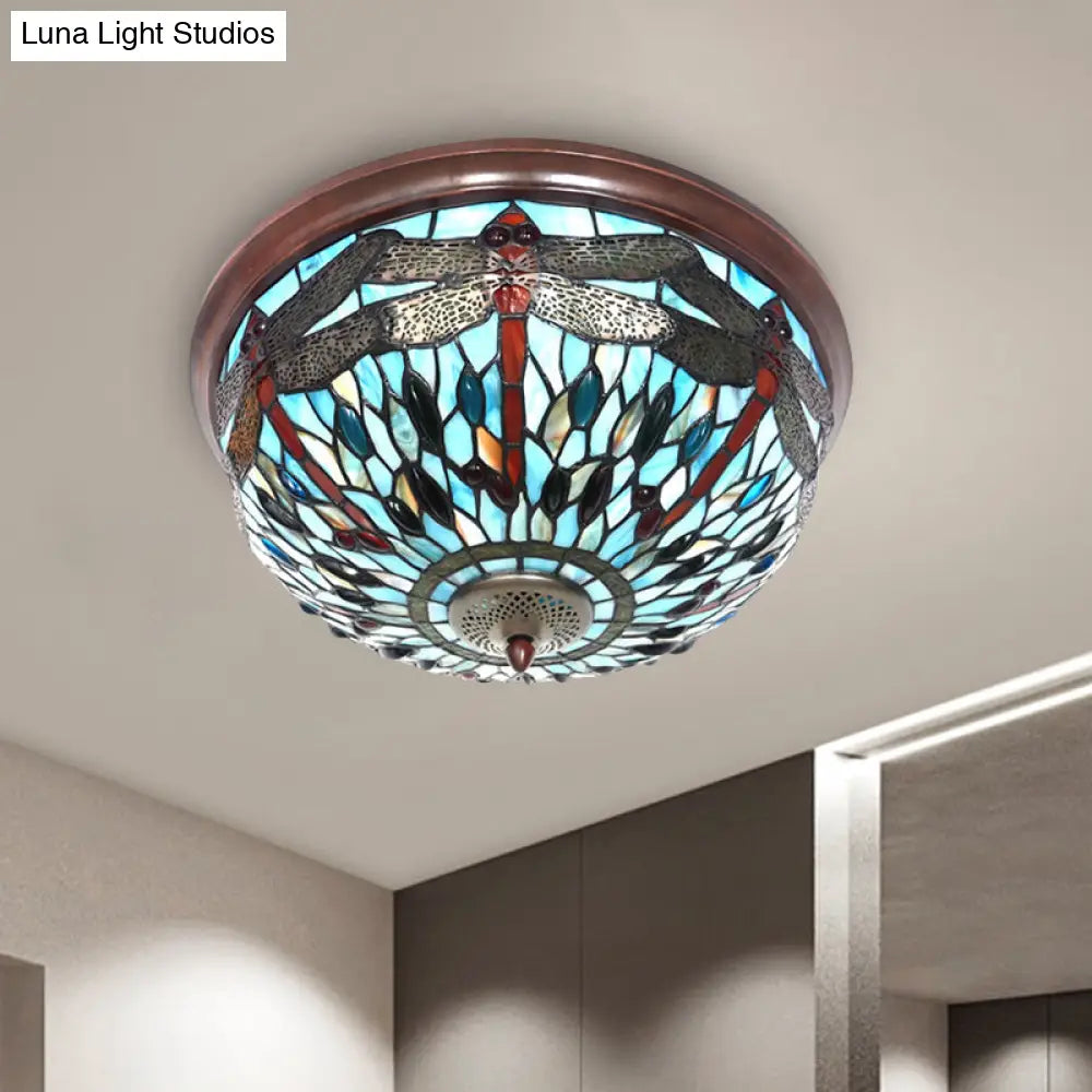 Dome Flush Mount Light: Blue/Red Tiffany Stained Glass Led Ceiling Lamp With Dragonfly Pattern