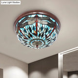 Dome Flush Mount Light: Blue/Red Tiffany Stained Glass Led Ceiling Lamp With Dragonfly Pattern