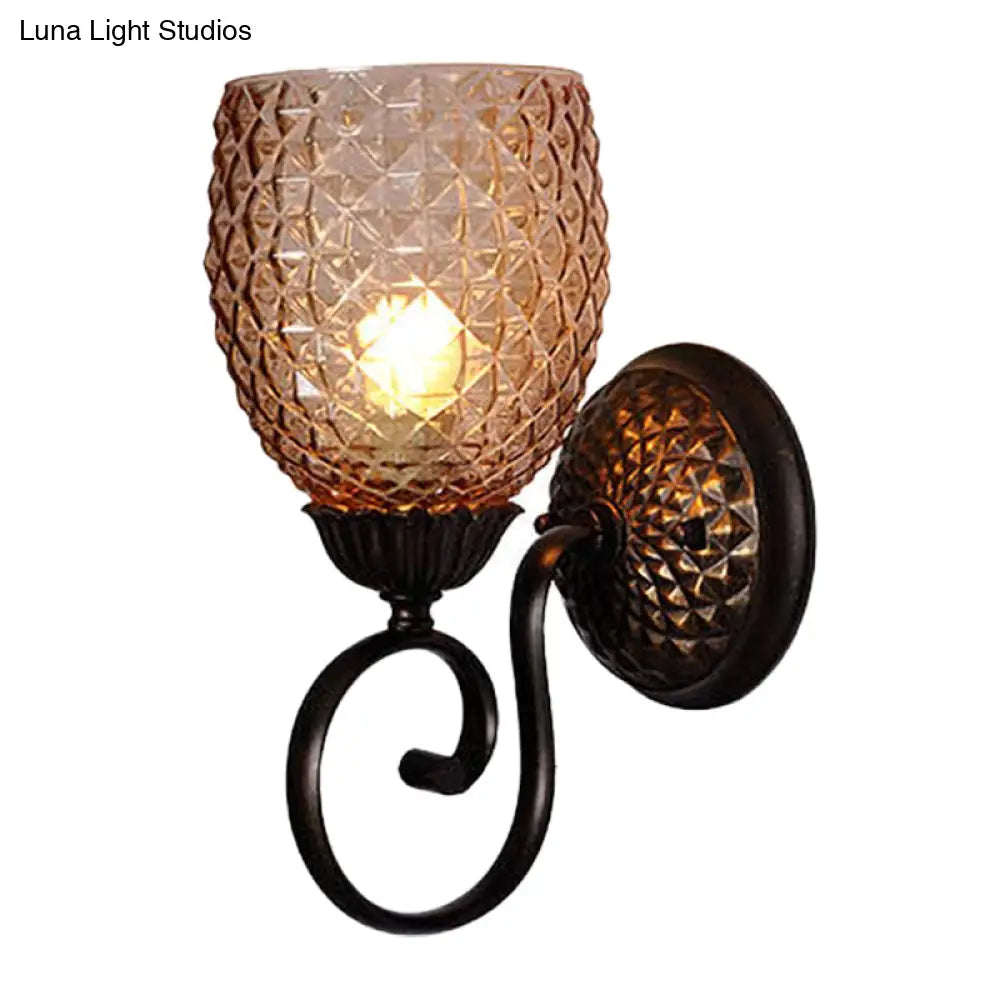 Dome Glass Sconce Light Fixture - Classic 1-Bulb Wall Lamp For Living Room With Scrolled Arm In