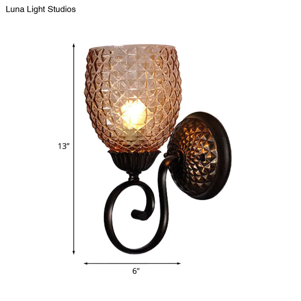 Dome Glass Sconce Light Fixture - Classic 1-Bulb Wall Lamp For Living Room With Scrolled Arm In