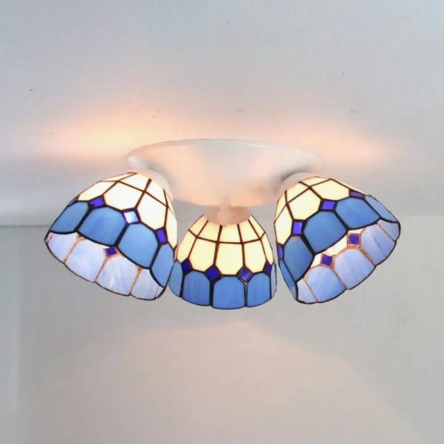 Dome Shade Tiffany Stained Glass Ceiling Light Fixture - 3 Heads White/Clear White