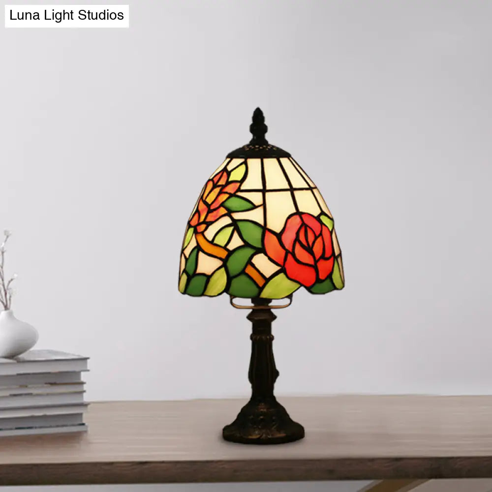 Dome-Shaped Baroque Style Nightstand Lamp - Stained Glass With Blossom Pattern In Red/Pink/Orange