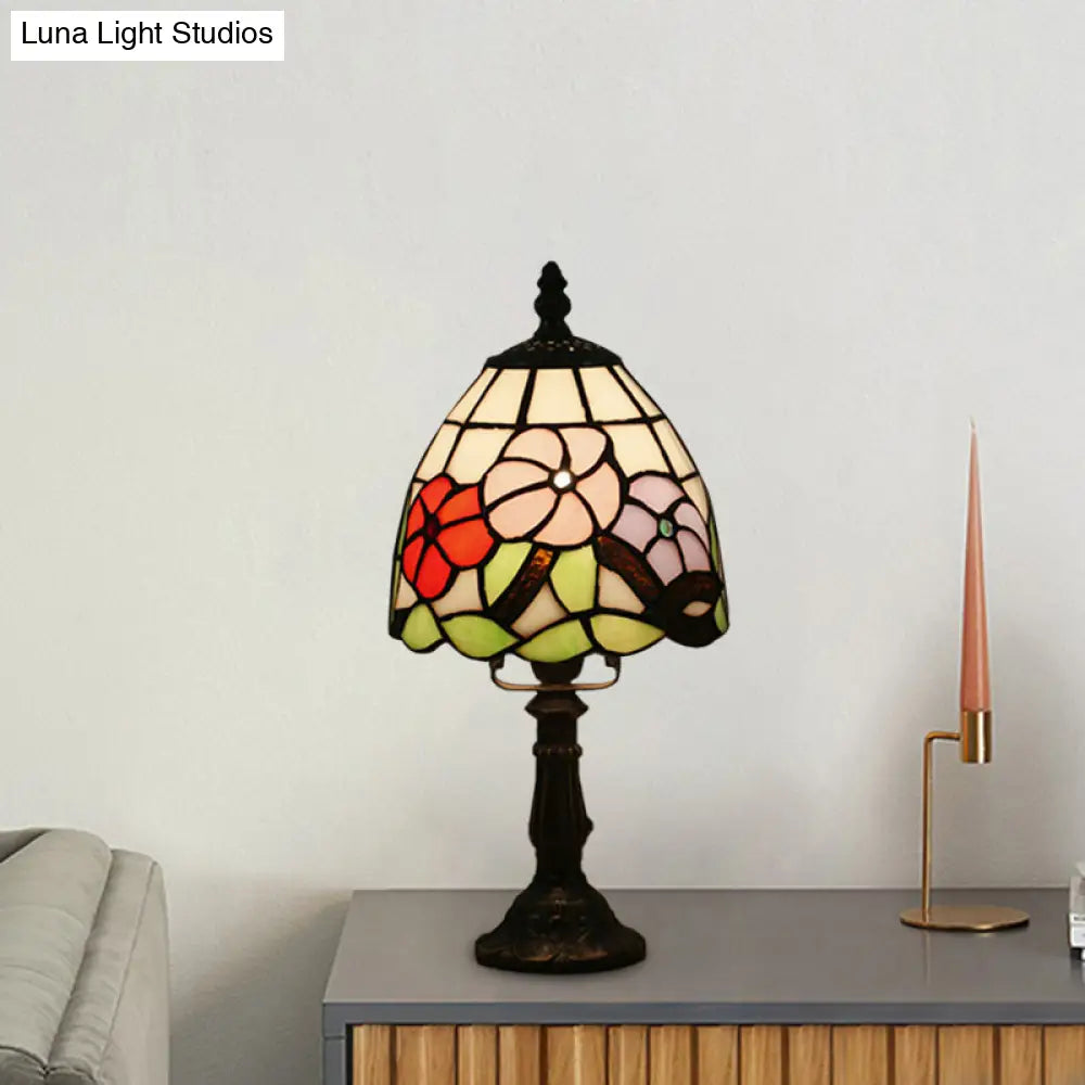 Dome-Shaped Baroque Style Nightstand Lamp - Stained Glass With Blossom Pattern In Red/Pink/Orange