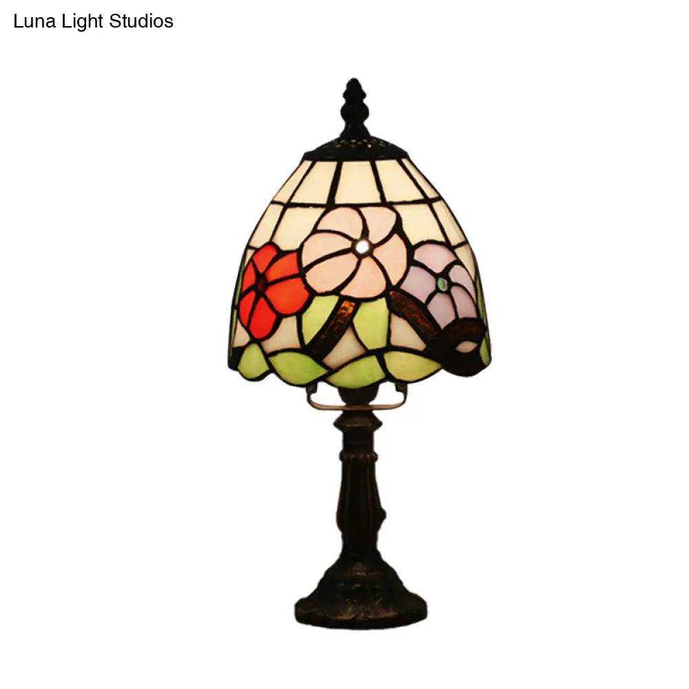 Dome-Shaped Baroque Style Nightstand Lamp - Stained Glass With Blossom Pattern In Red/Pink/Orange