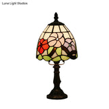 Dome-Shaped Baroque Style Nightstand Lamp - Stained Glass With Blossom Pattern In Red/Pink/Orange