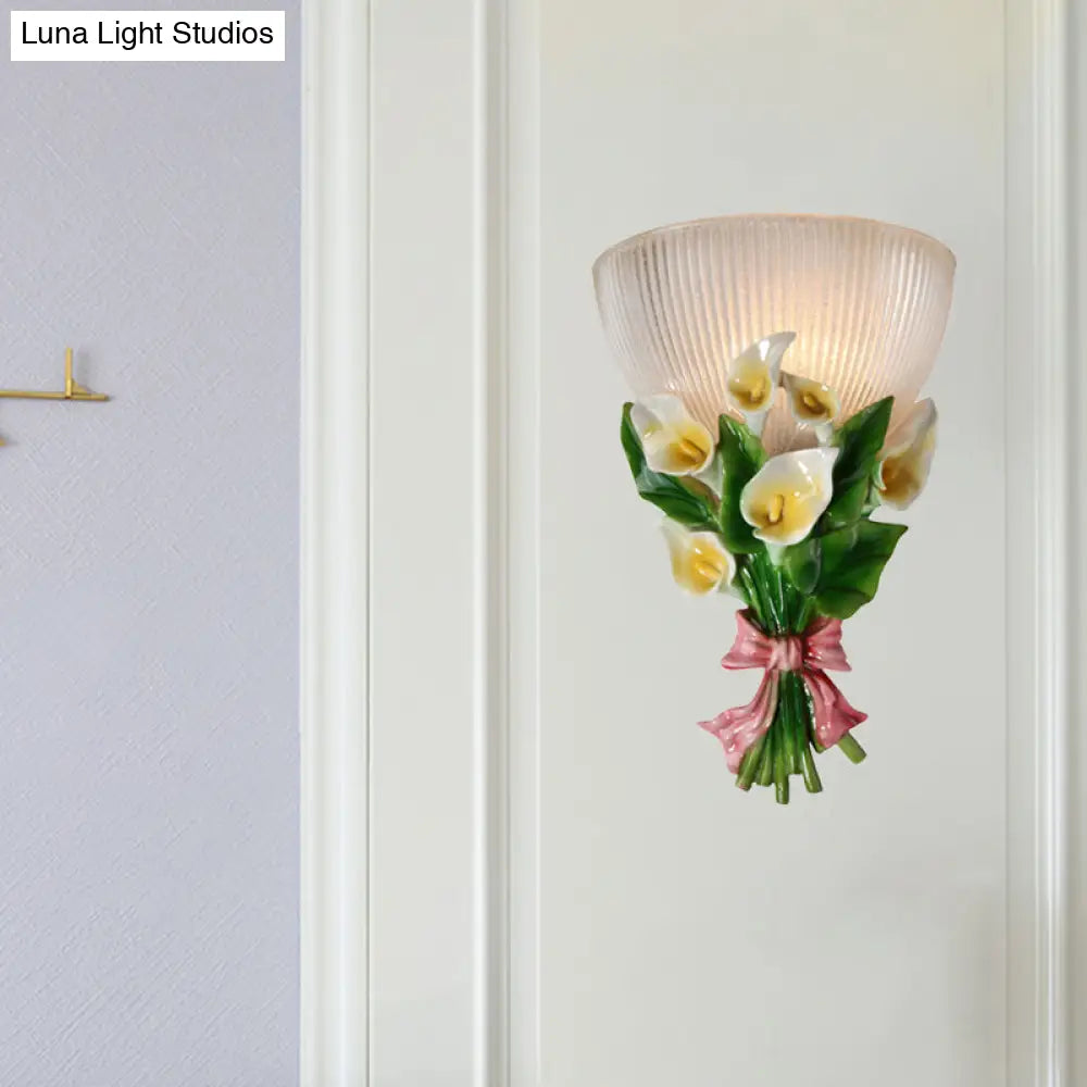 Dome Shaped Modern Wall Lamp With Ribbed Glass White Sconce Lighting And Green Bouquet Detail